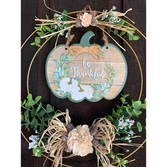 Be Thankful Fall Wreath 14in Eucalyptus Pumpkin Gold Wire Minimalist Decor - Picture 2 of 6